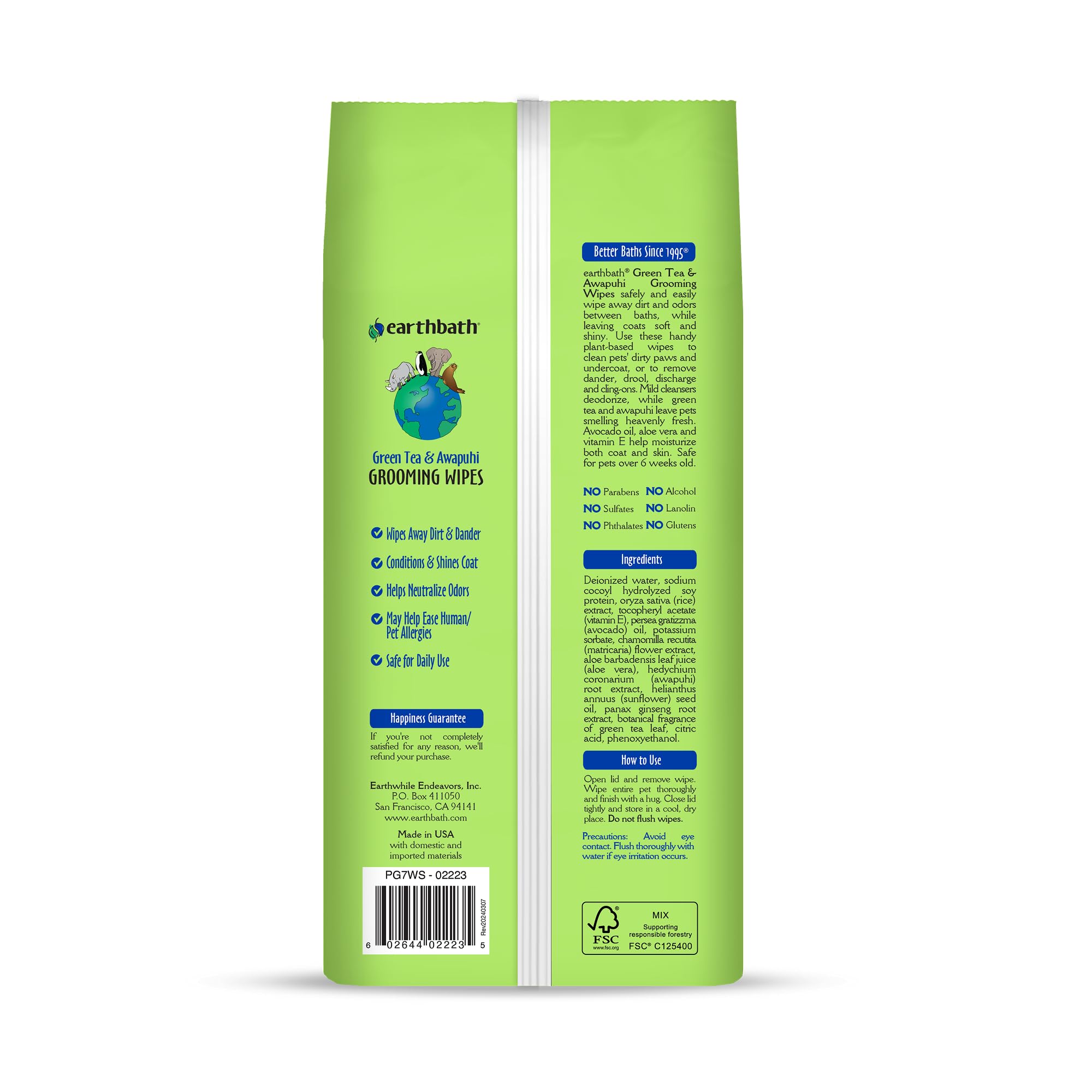 Earthbath dog wipes on paws and butt for quick cleaning and refreshing.