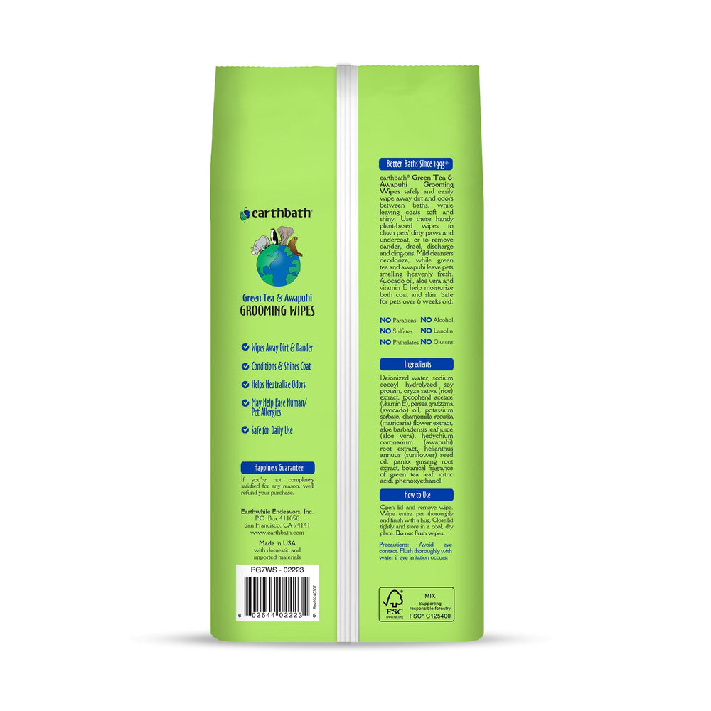 Earthbath dog wipes on paws and butt for quick cleaning and refreshing.
