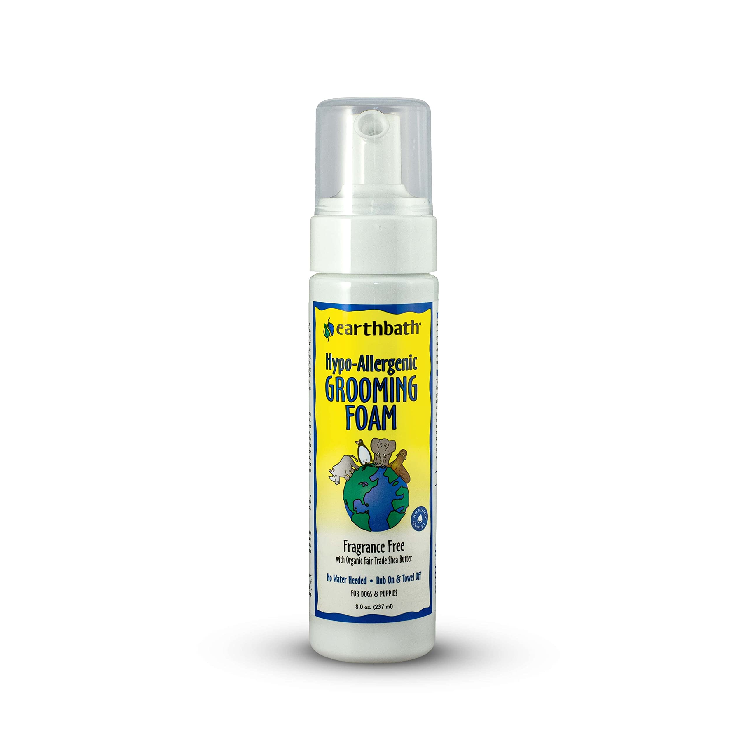 Earthbath fragrance-free no-rinse bottle demonstrating fragrance-free cleansing for sensitive dogs.