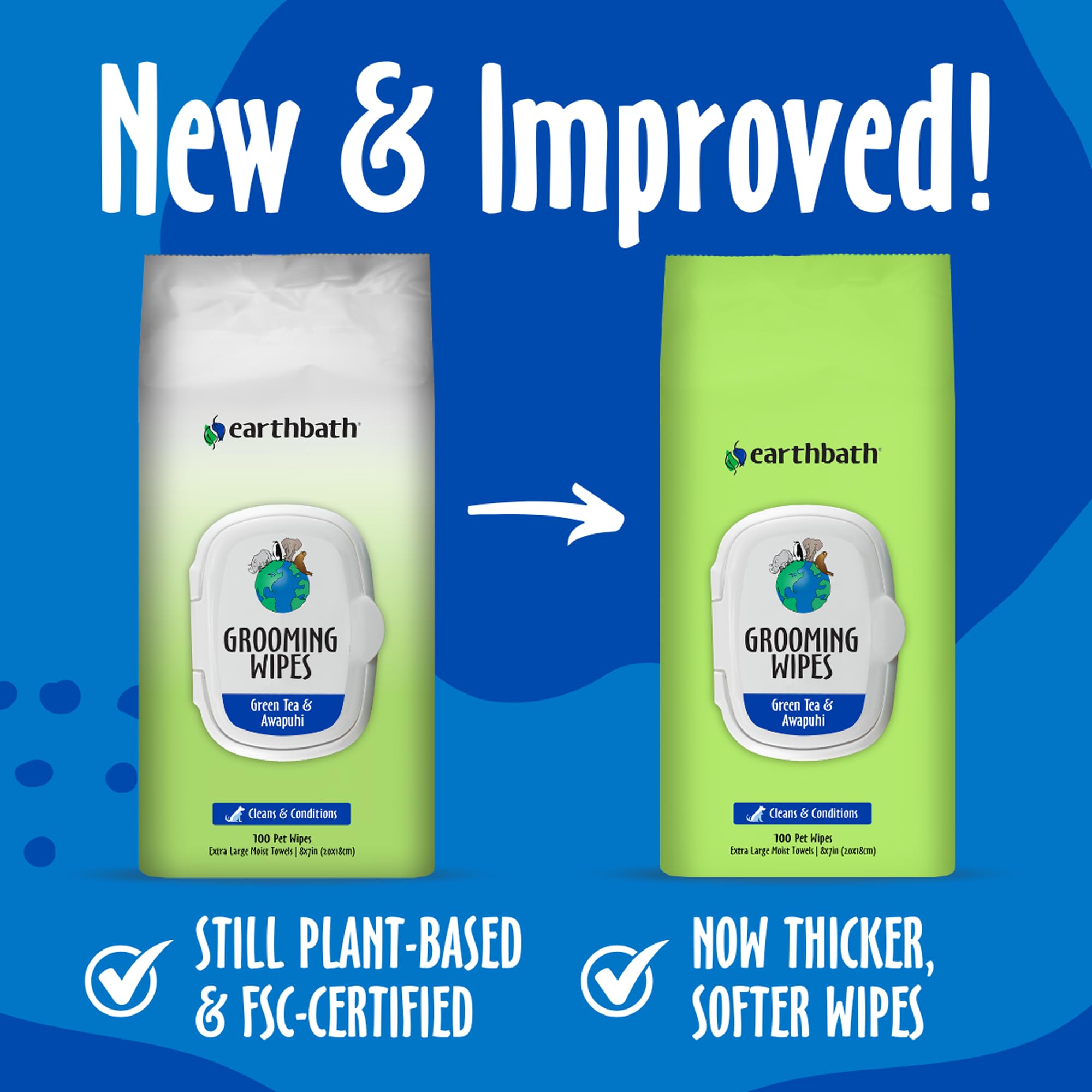 Earthbath wipes being applied to fur for gentle cleaning and conditioning.