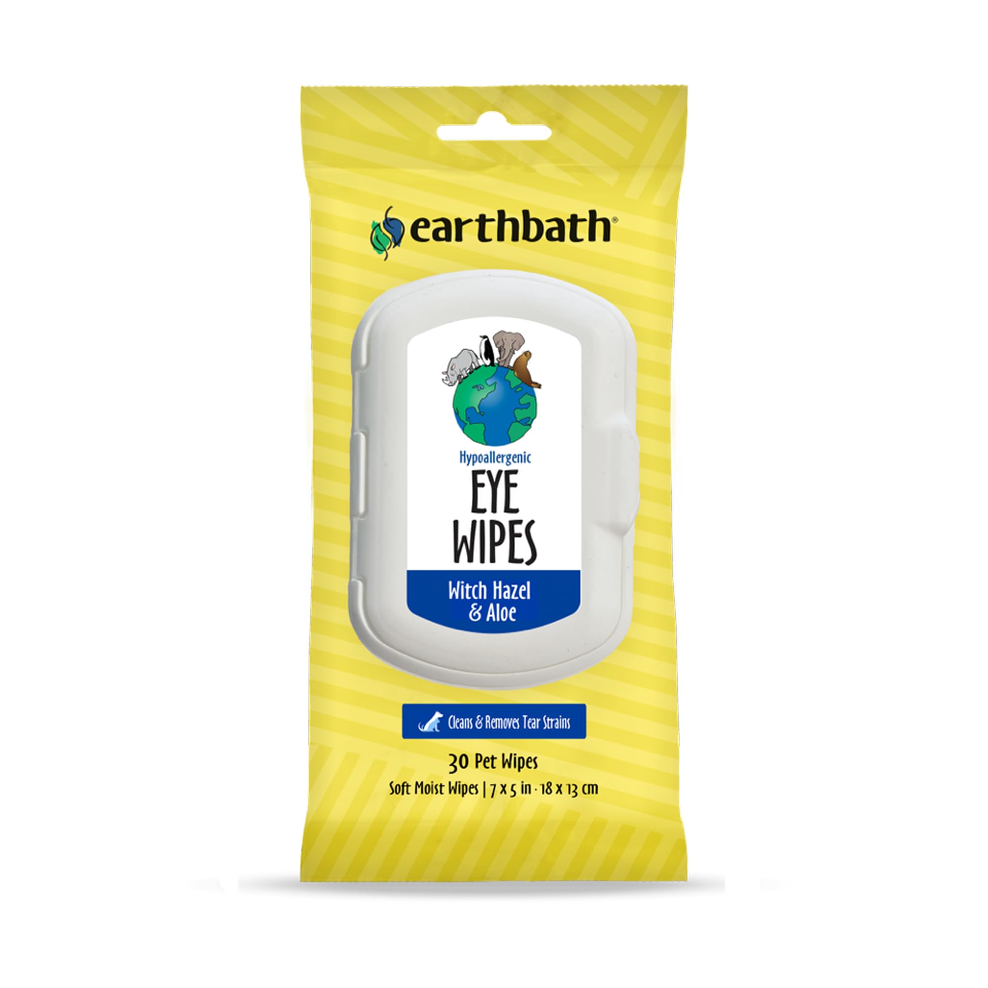 Earthbath hypoallergenic dog eye wipes packfront showing fragrance-free formula for sensitive pets.