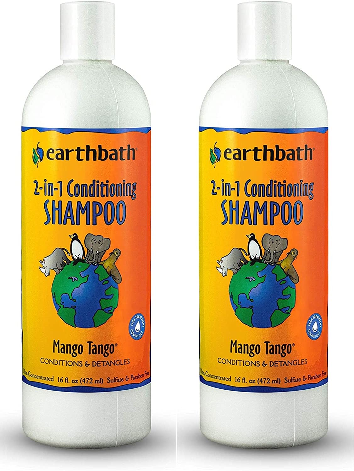 Earthbath Mango Tango shampoo bottle demonstrates a mango scented, gentle clean for dogs