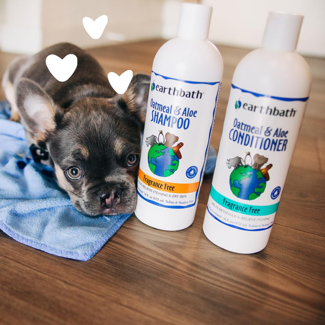 Earthbath oatmeal-aloe bottle pour illustrates easy, mess-free application during bath time.