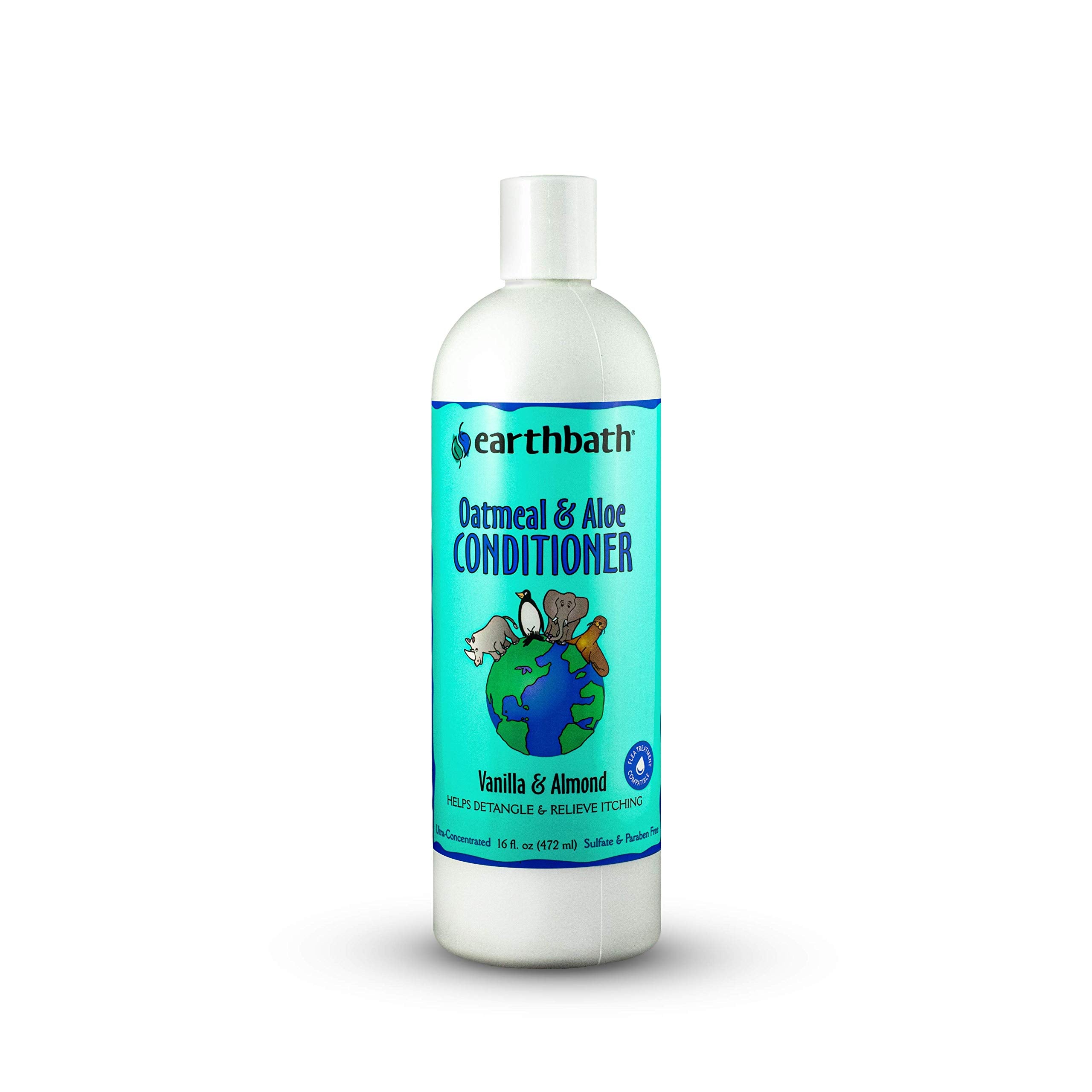 earthbath Oatmeal and Aloe conditioner bottle front for dogs, detangles and soothes.