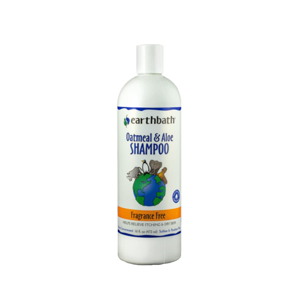 Earthbath Oatmeal & Aloe dog shampoo bottle shows fragrance-free formula for gentle cleansing.