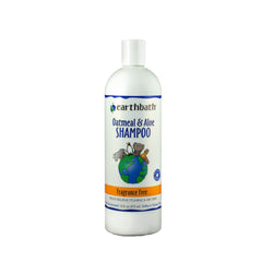 Earthbath Oatmeal & Aloe dog shampoo bottle shows fragrance-free formula for gentle cleansing.
