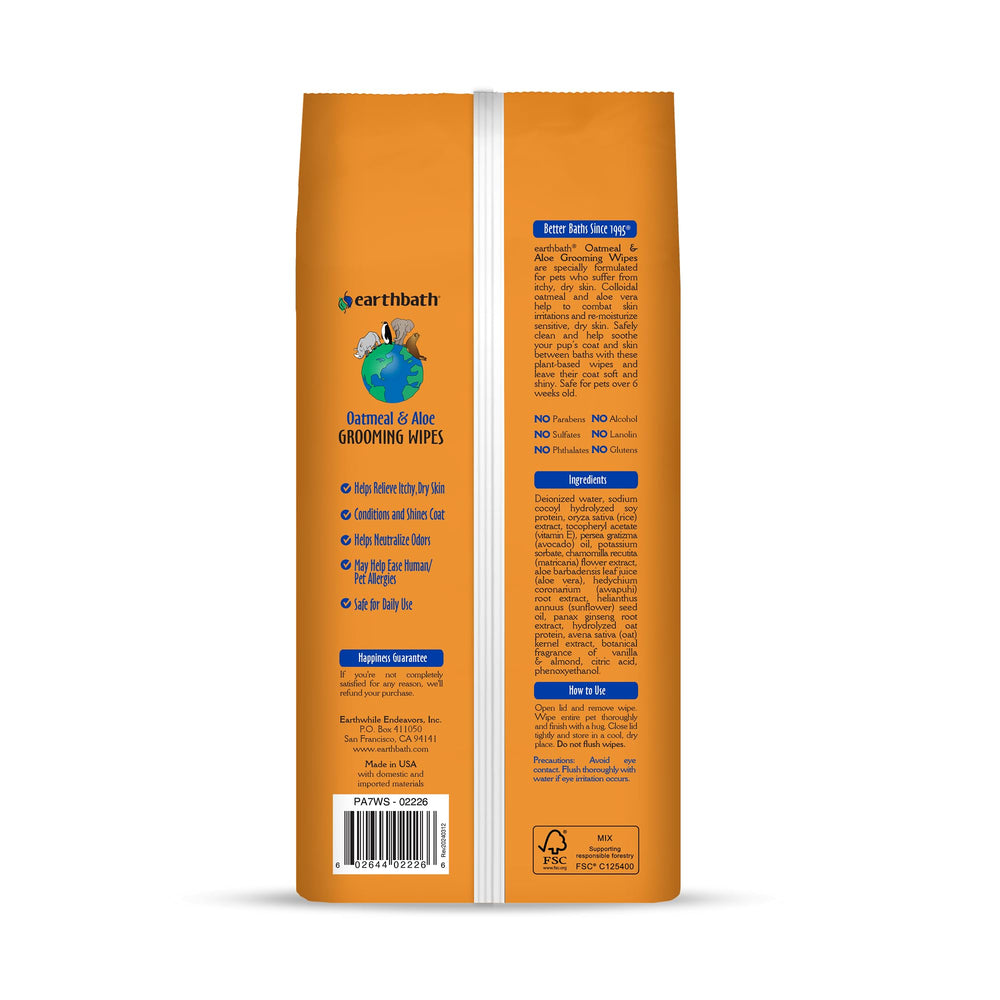 earthbath Oatmeal & Aloe grooming wipe close-up shows soothing formula.