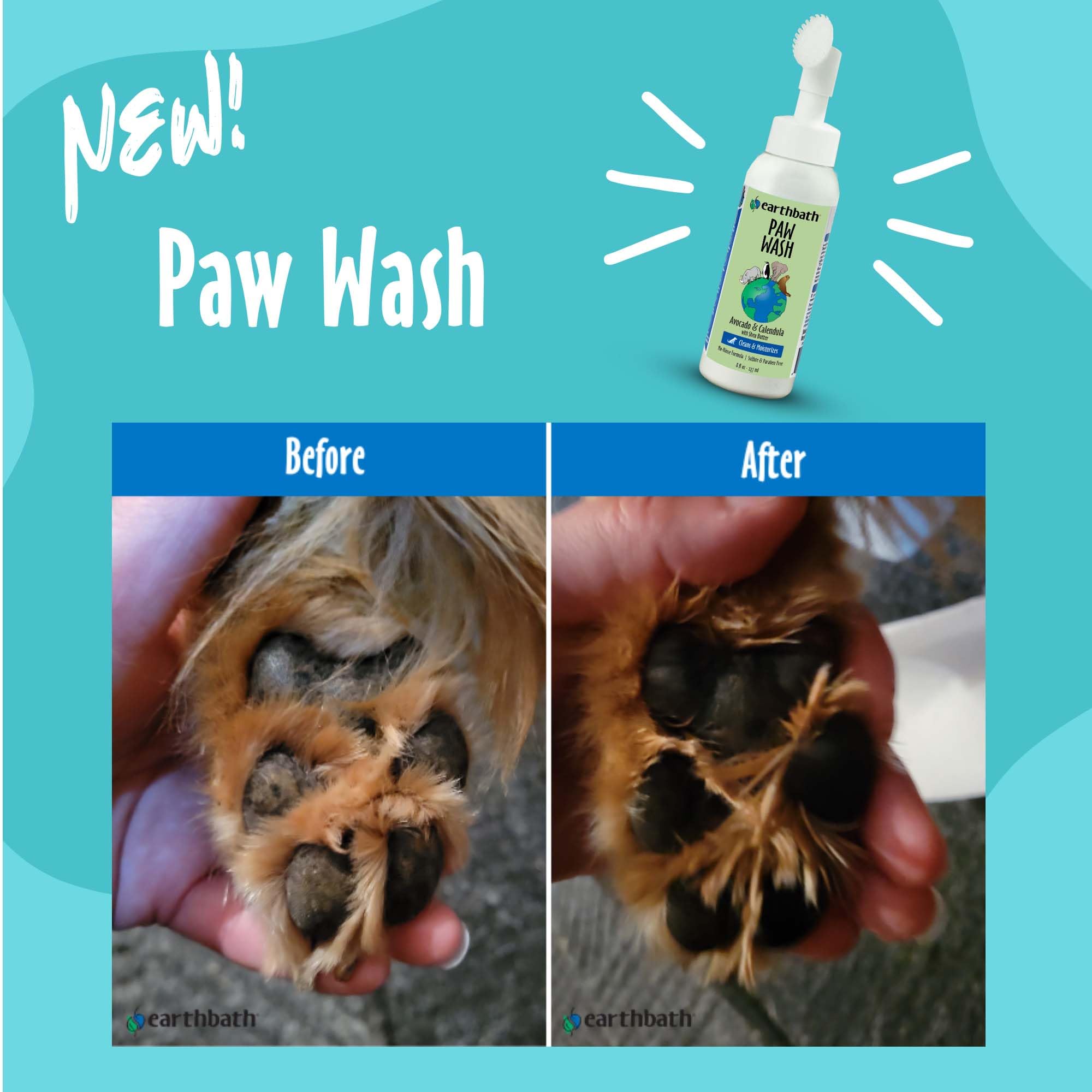 earthbath Paw Wash paw-cleaning-action demonstrates quick foam cleansing between toes and pads