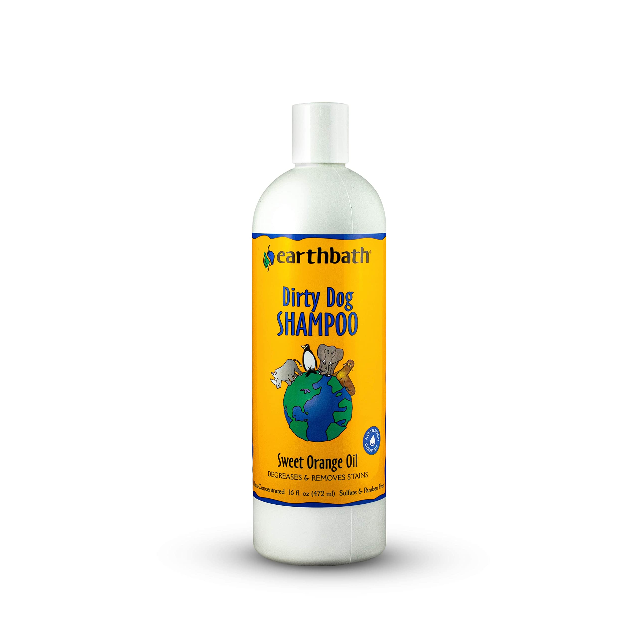 Earthbath Sweet Orange Dirty Dog Shampoo bottle front with orange scent for deodorizing coats
