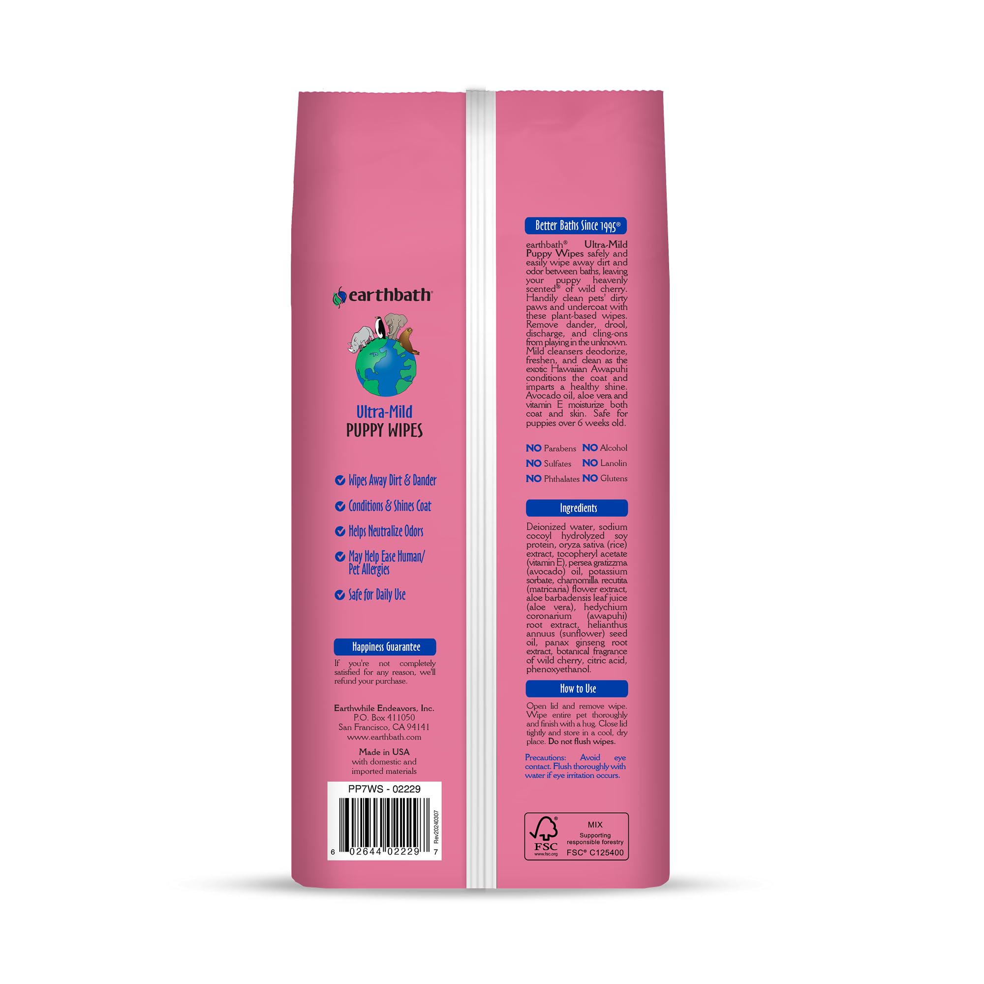 Earthbath Ultra-Mild Wild Cherry Puppy Wipes open pack demonstrates quick, convenient cleaning on the go