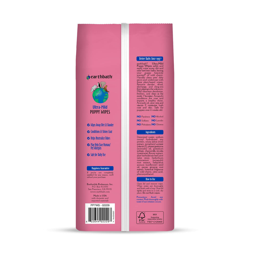 Earthbath Ultra-Mild Wild Cherry Puppy Wipes open pack demonstrates quick, convenient cleaning on the go