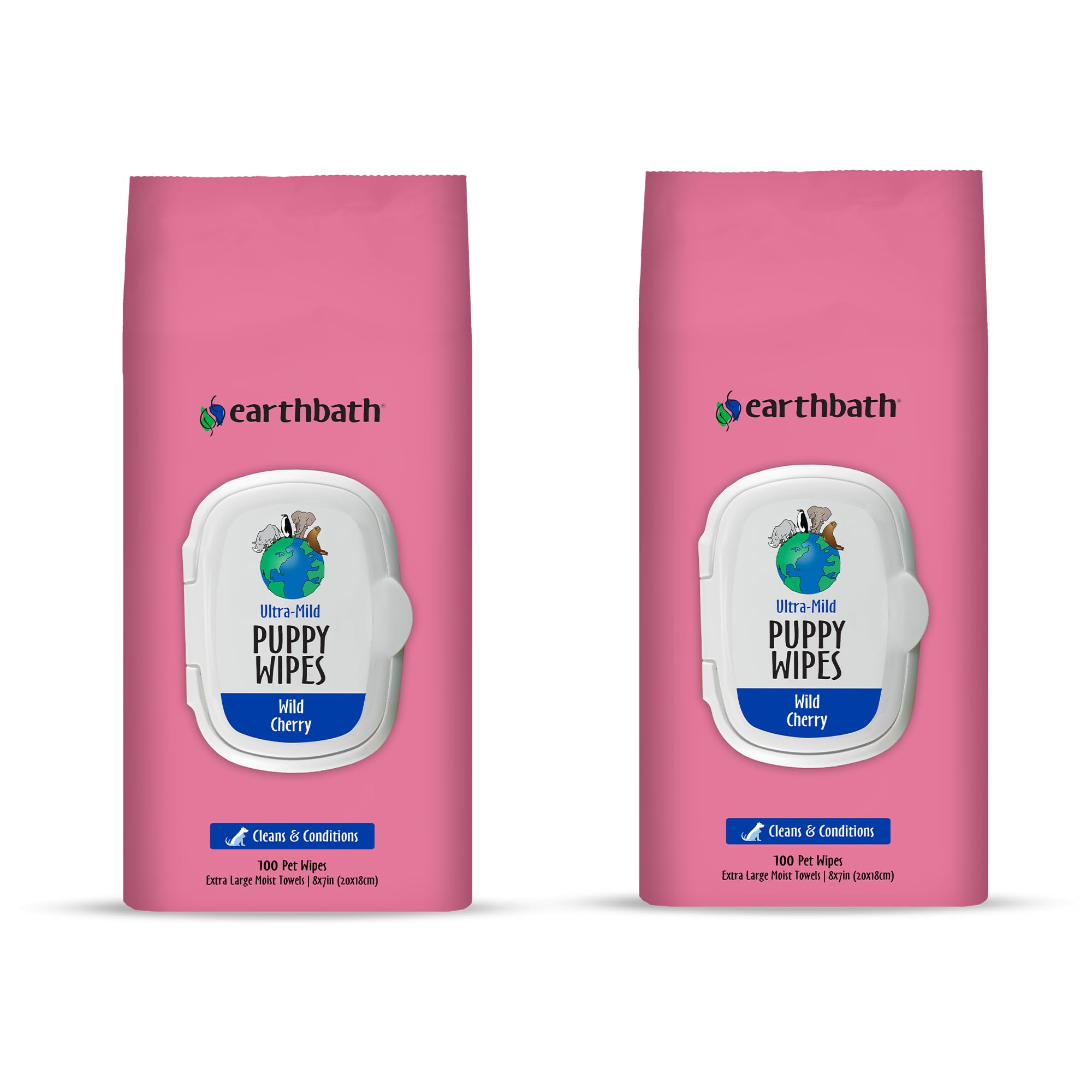 Earthbath Ultra-Mild Wild Cherry Puppy Wipes packaging highlights cruelty-free, USA-made dog care for cleanup