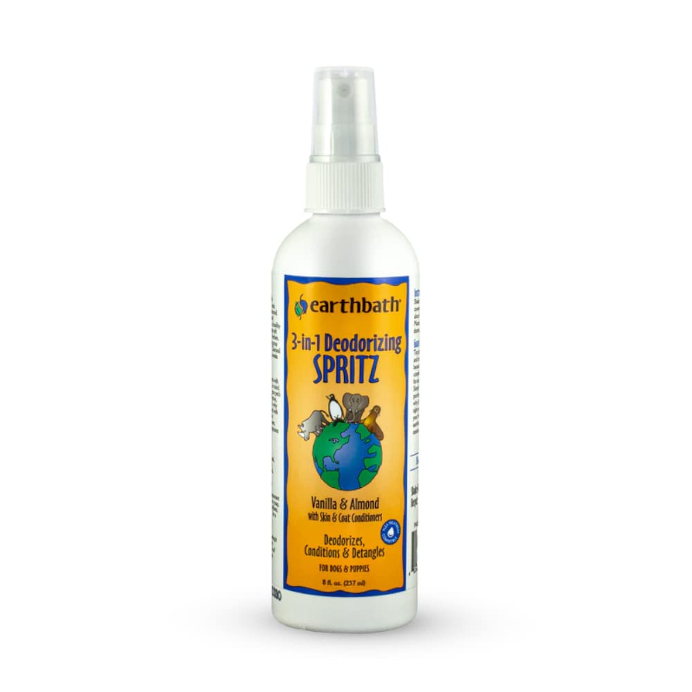 earthbath Vanilla and Almond 3-in-1 spritz bottle front for dog deodorizing and conditioning