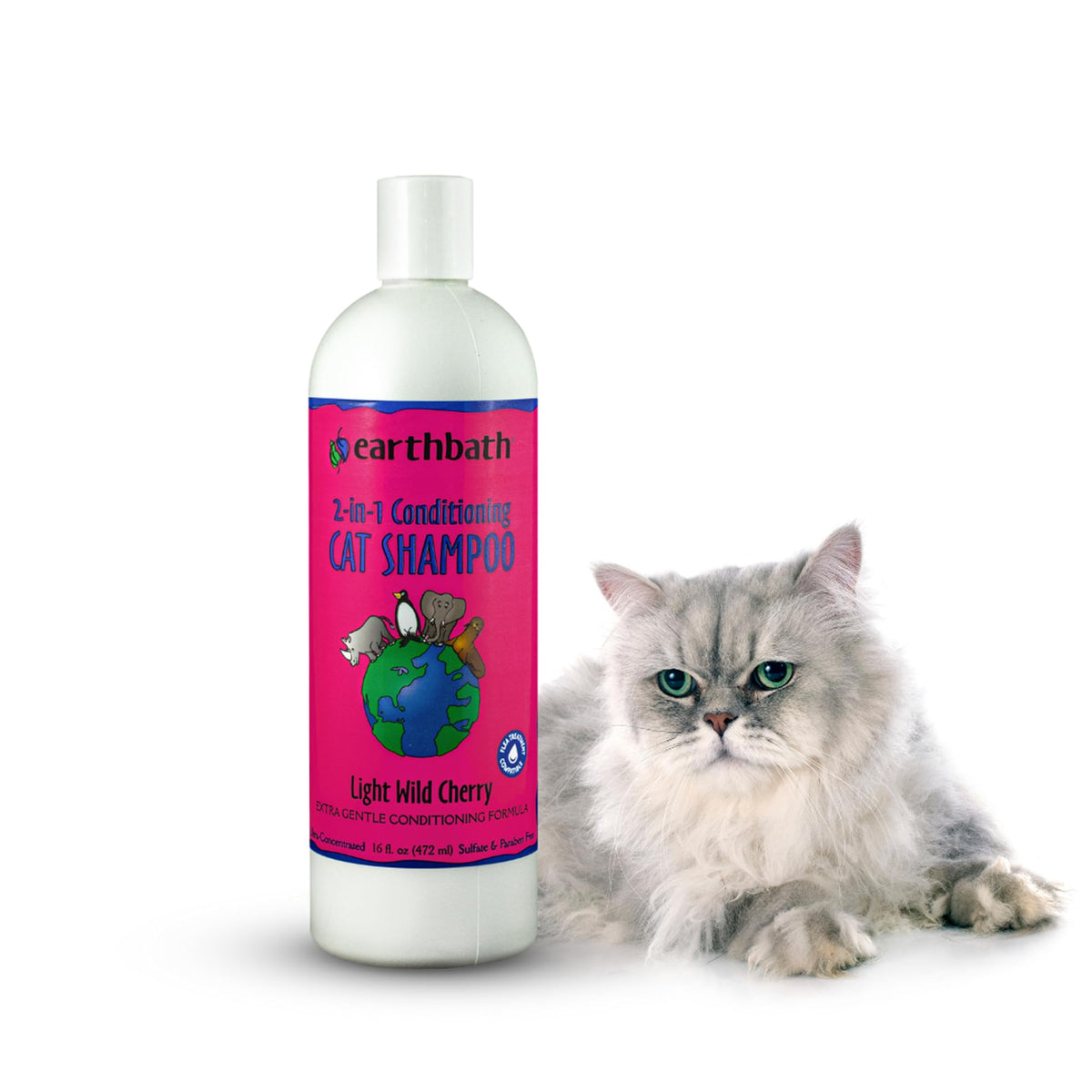 earthbath Wild Cherry 2-in-1 cat shampoo bottle showing product packaging for gentle cleansing