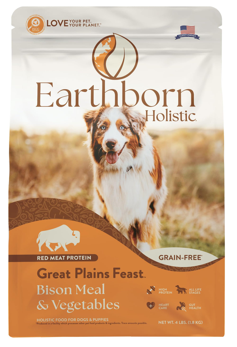 Earthborn Holistic Great Plains Feast bag label closeup highlights grain-free, protein-rich formulation for sensitive dogs.