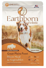 Earthborn Holistic Great Plains Feast bag label closeup highlights grain-free, protein-rich formulation for sensitive dogs.