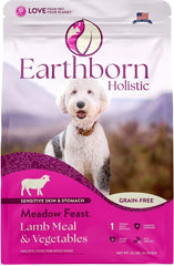 Earthborn Holistic Meadow Feast bag, grain-free dog food for sensitive stomachs.
