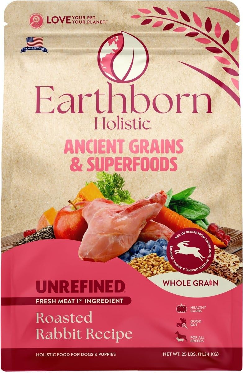 Earthborn Holistic Unrefined Roasted Rabbit ancient grains image highlights barley oats quinoa chia for gentle digestion
