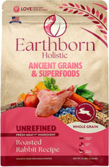 Earthborn Holistic Unrefined Roasted Rabbit ancient grains image highlights barley oats quinoa chia for gentle digestion
