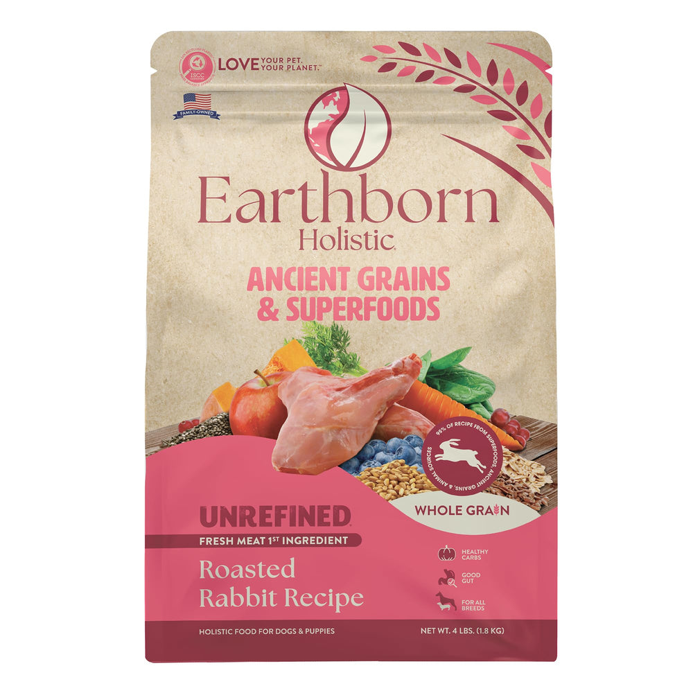 Earthborn Holistic Unrefined Roasted Rabbit bag front highlights premium rabbit protein for dogs