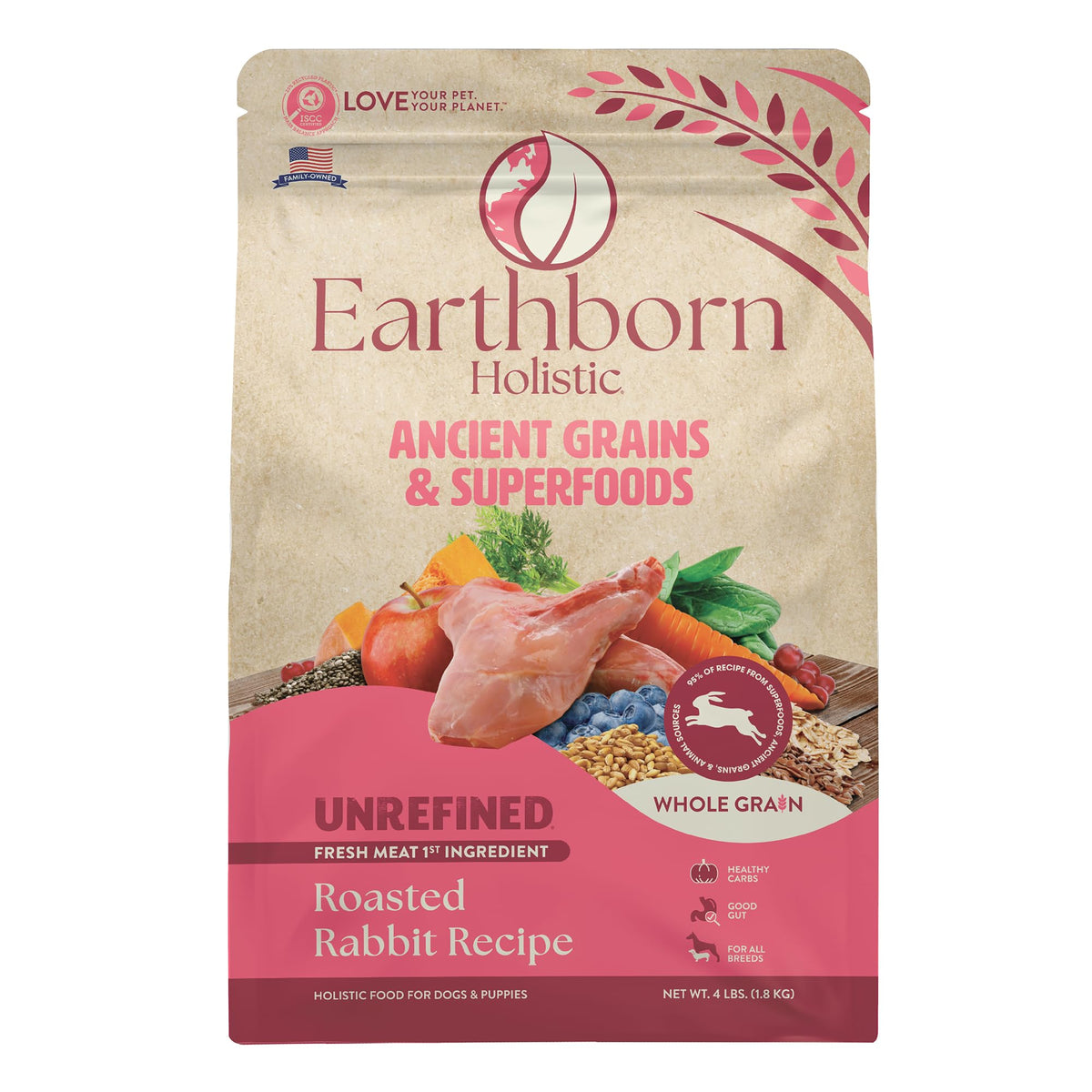 Earthborn Holistic Unrefined Roasted Rabbit bag front highlights premium rabbit protein for dogs