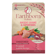 Earthborn Holistic Unrefined Roasted Rabbit bag front highlights premium rabbit protein for dogs