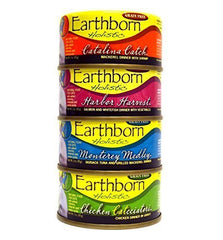 Earthborn Holistic wet cat food variety pack of 12 cans with four flavors for hydration and protein.