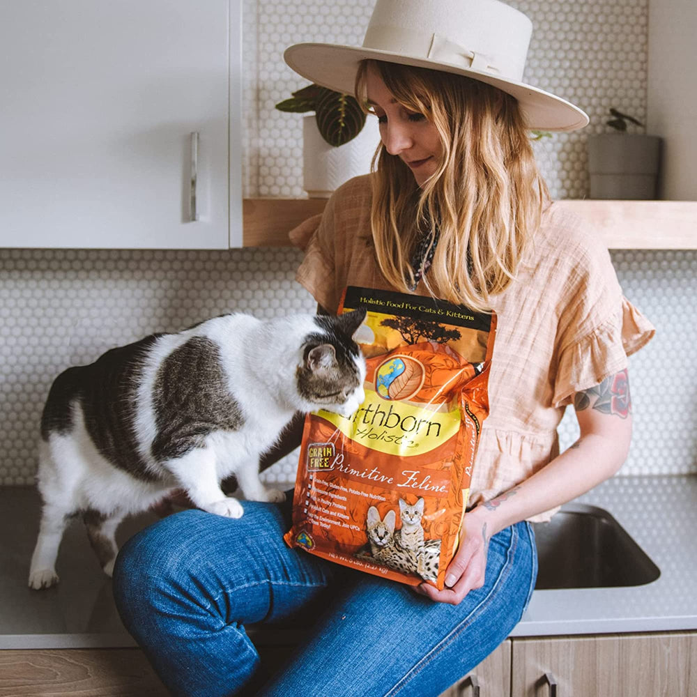 Earthborn Holistic Primitive Feline protein sources feature turkey, chicken, and fish meals for lean muscle.