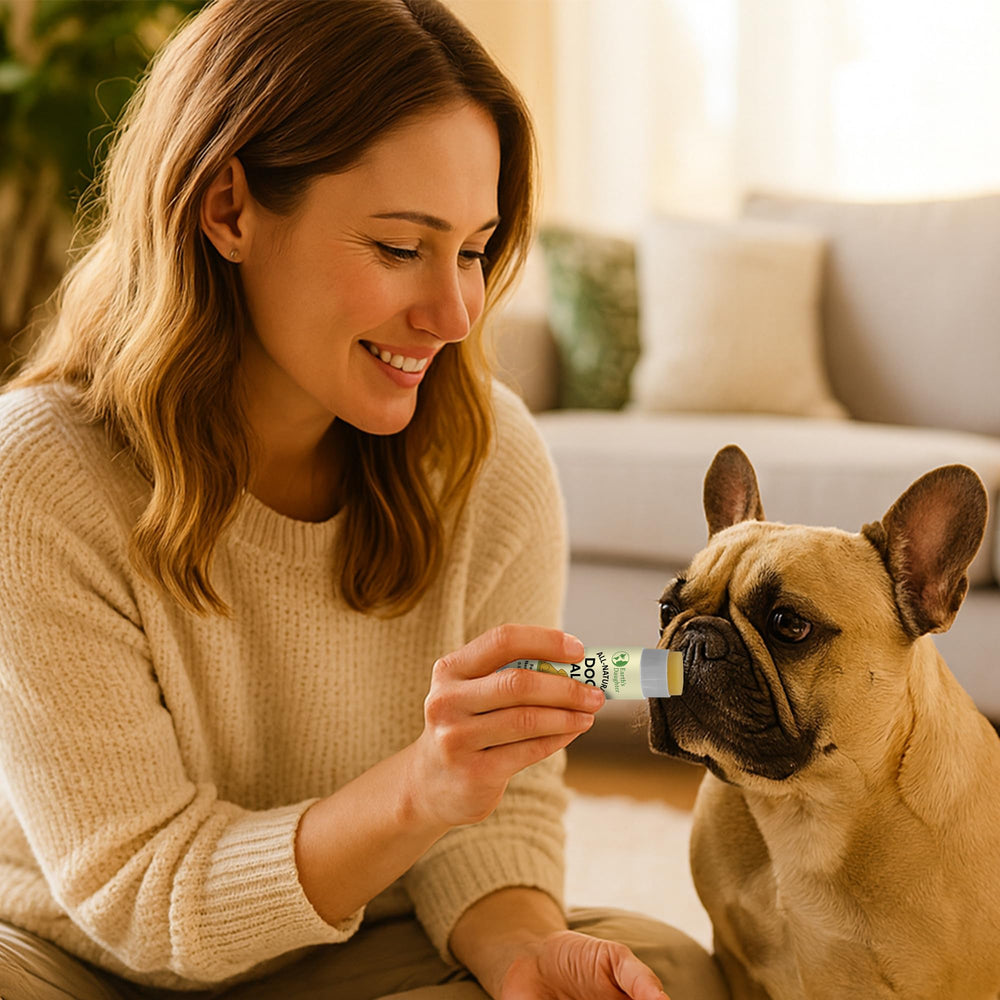 Earth’s Daughter balm on a dog's nose demonstrates multi-use care for the snout.