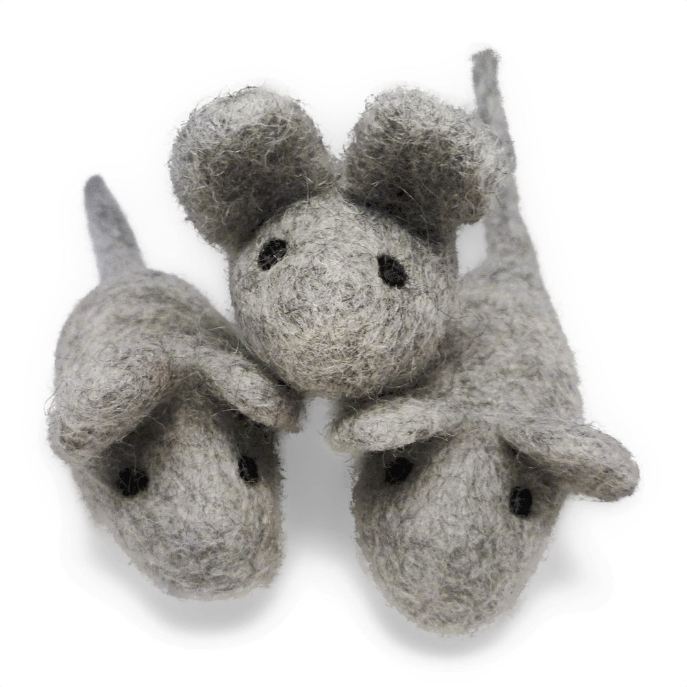 Earthtone Solutions cat mouse toy set of three felted wool mice for indoor cats.
