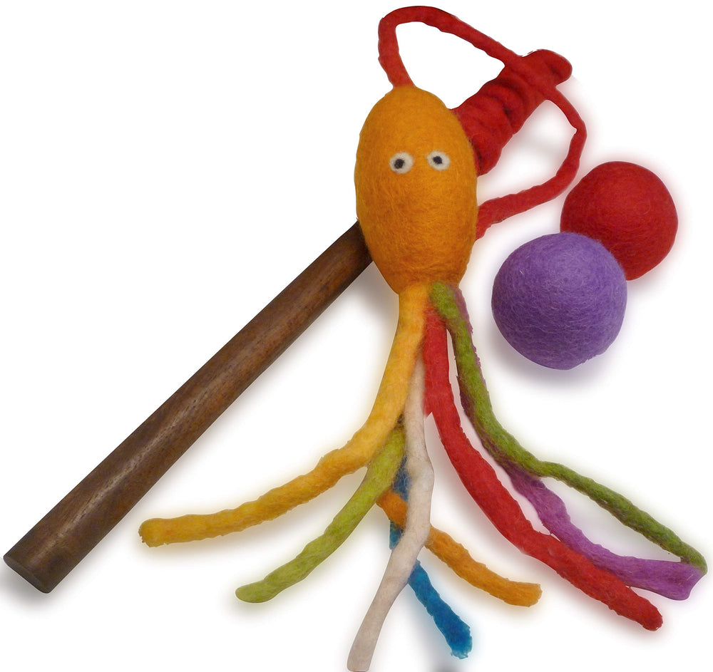 Earthtone Solutions wool cat toy rainbow squid wand—vibrant felted texture for engaging indoor play