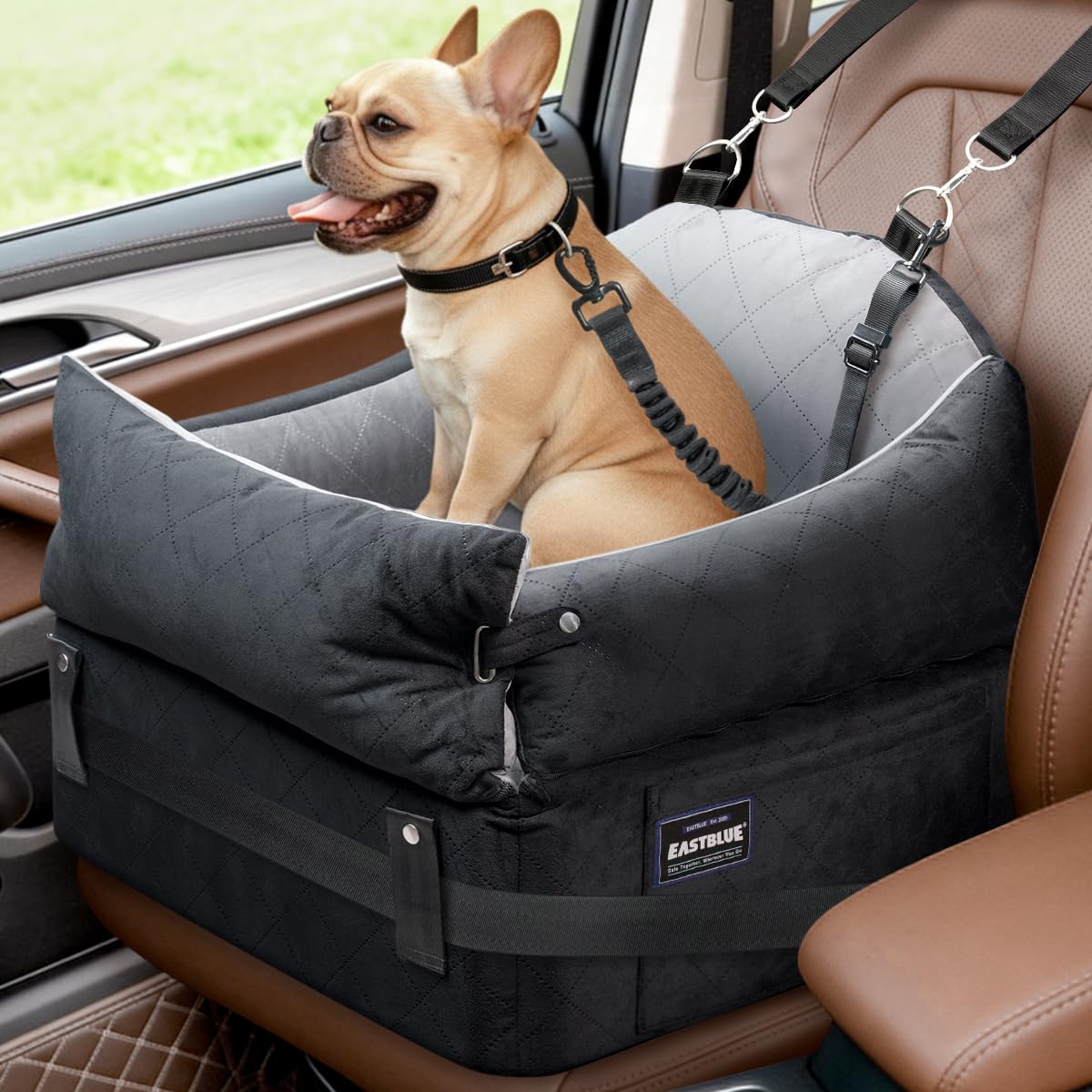 eastblue dog booster car seat front view showing elevated height for better outside views and comfort