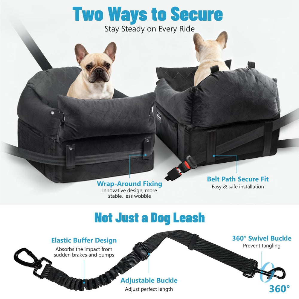 Secure tangle-free harness and 360-degree clips keep pets safe while you drive