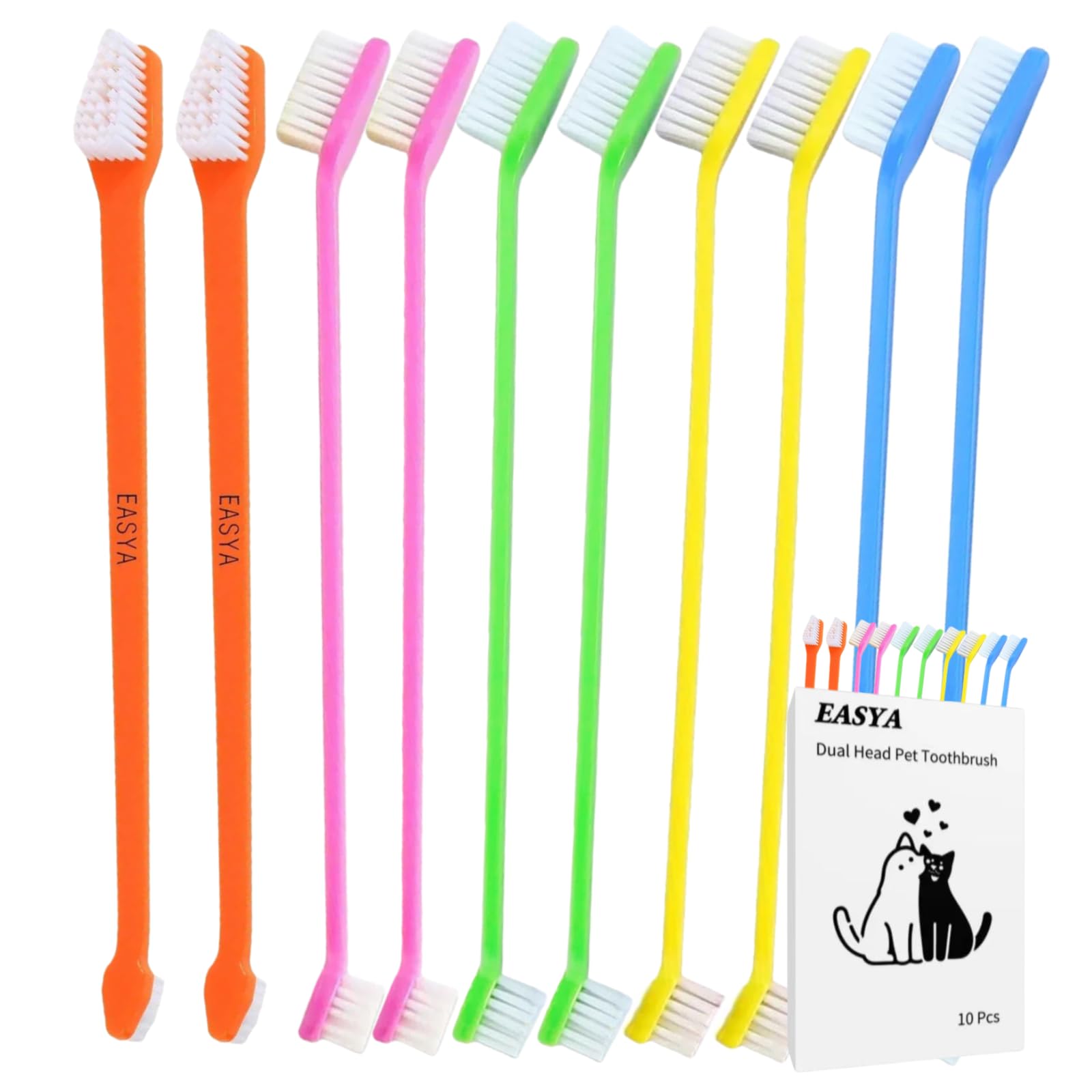 EASYA double headed pet toothbrush in box packaging for easy storage and value