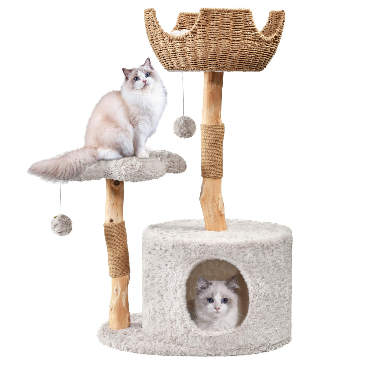 Easyego modern cat tree with natural pear wood for sturdy large-cat lounging