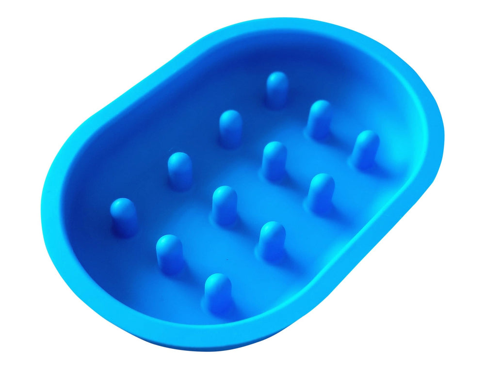 EasyFeastFurryBowls cat slow feeder blue top view promotes mindful eating and digestion.