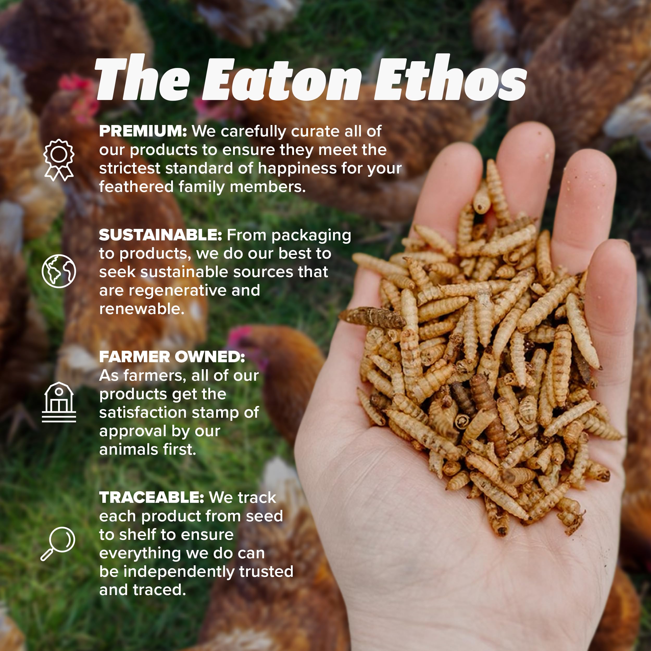 Eaton Pet and Pasture grubs bag ingredients closeup showing natural nutrition