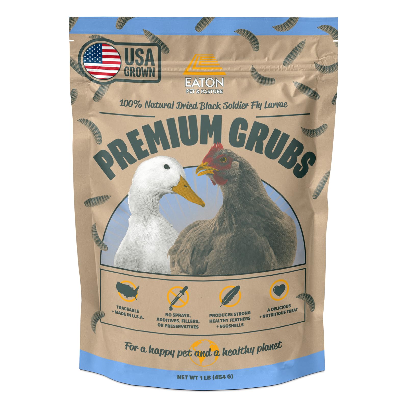 Eaton Pet and Pasture grubs packaging shows USA-grown quality for responsible feeding.