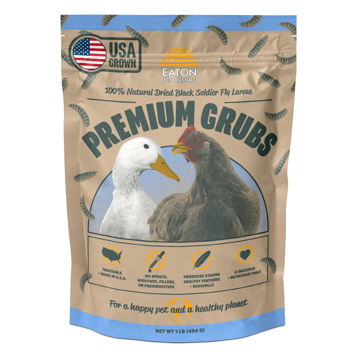 Eaton Pet and Pasture grubs packaging shows USA-grown quality for responsible feeding.