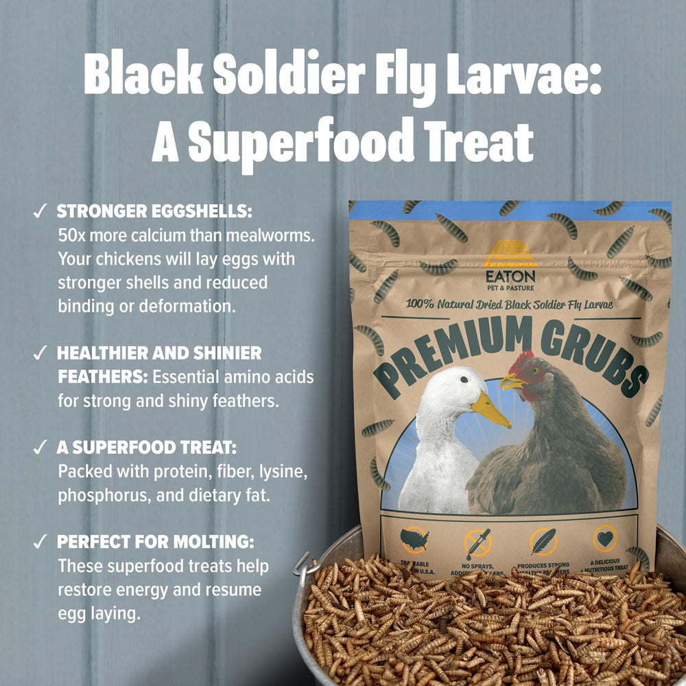 Eaton Pet and Pasture grubs USA-grown banner underlining sustainable feed source