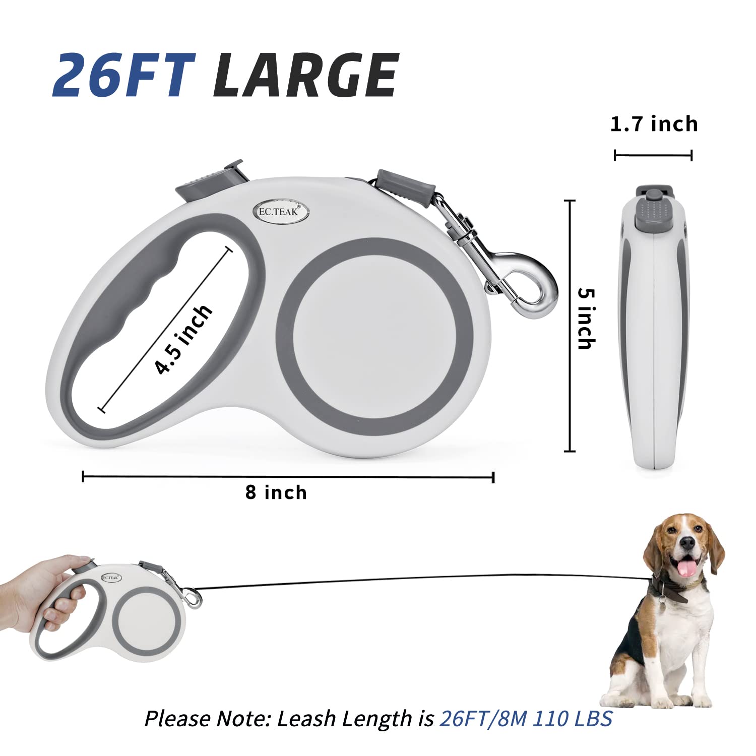 EC.TEAK retractable leash ergonomic handle for comfortable grip.