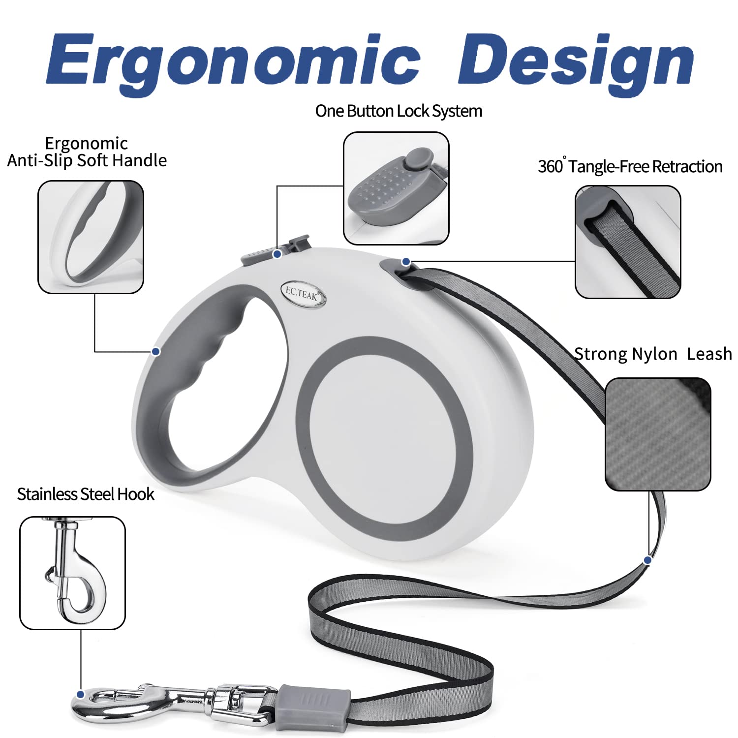 EC.TEAK retractable leash pause and lock controls for safe walks.