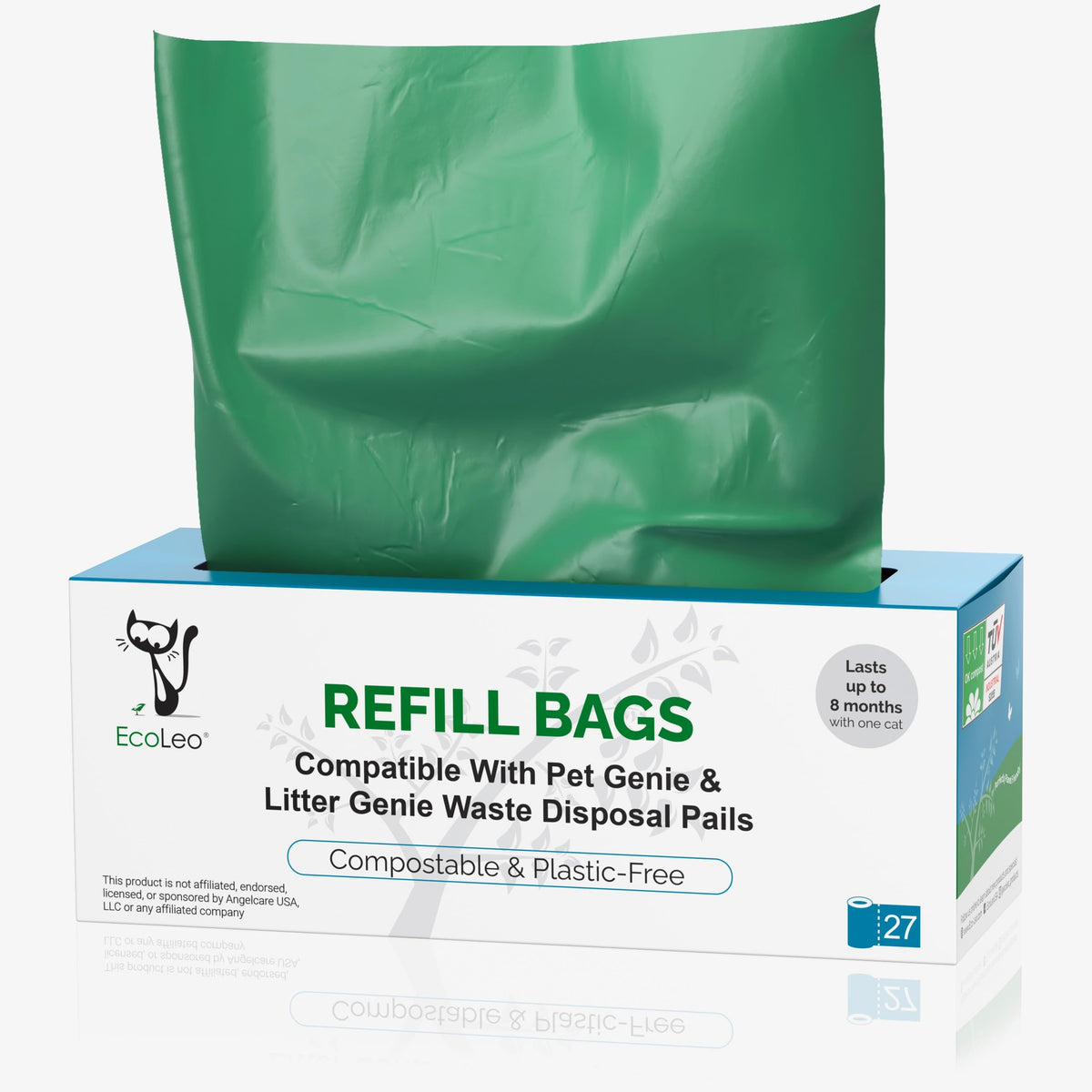 EcoLeo Refill Bags packaging shows compostable liner for eco friendly waste disposal