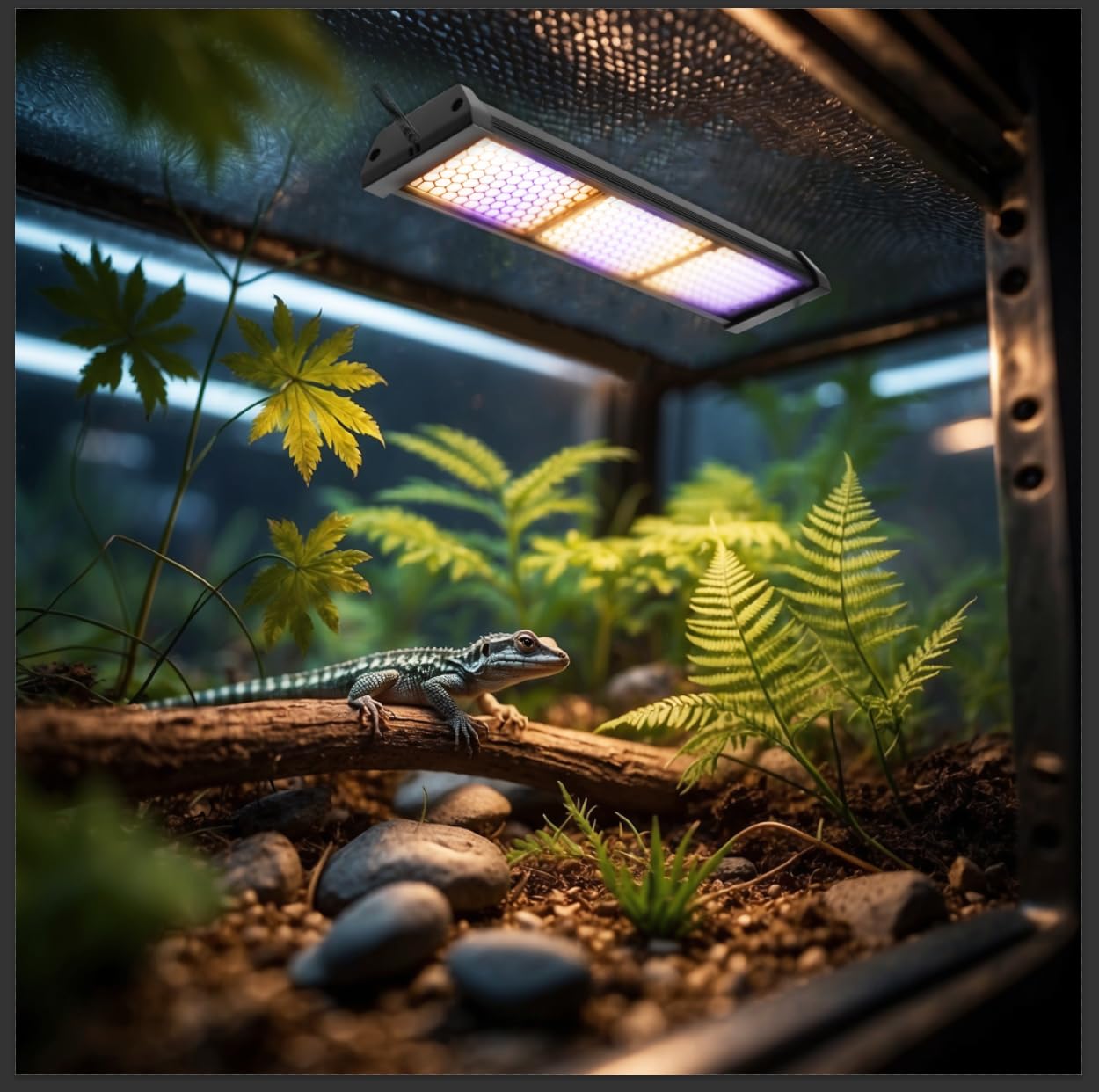 Eckpo Dimmable LED Reptile UVB lamp, compatibility with gecko and chameleon enclosures.