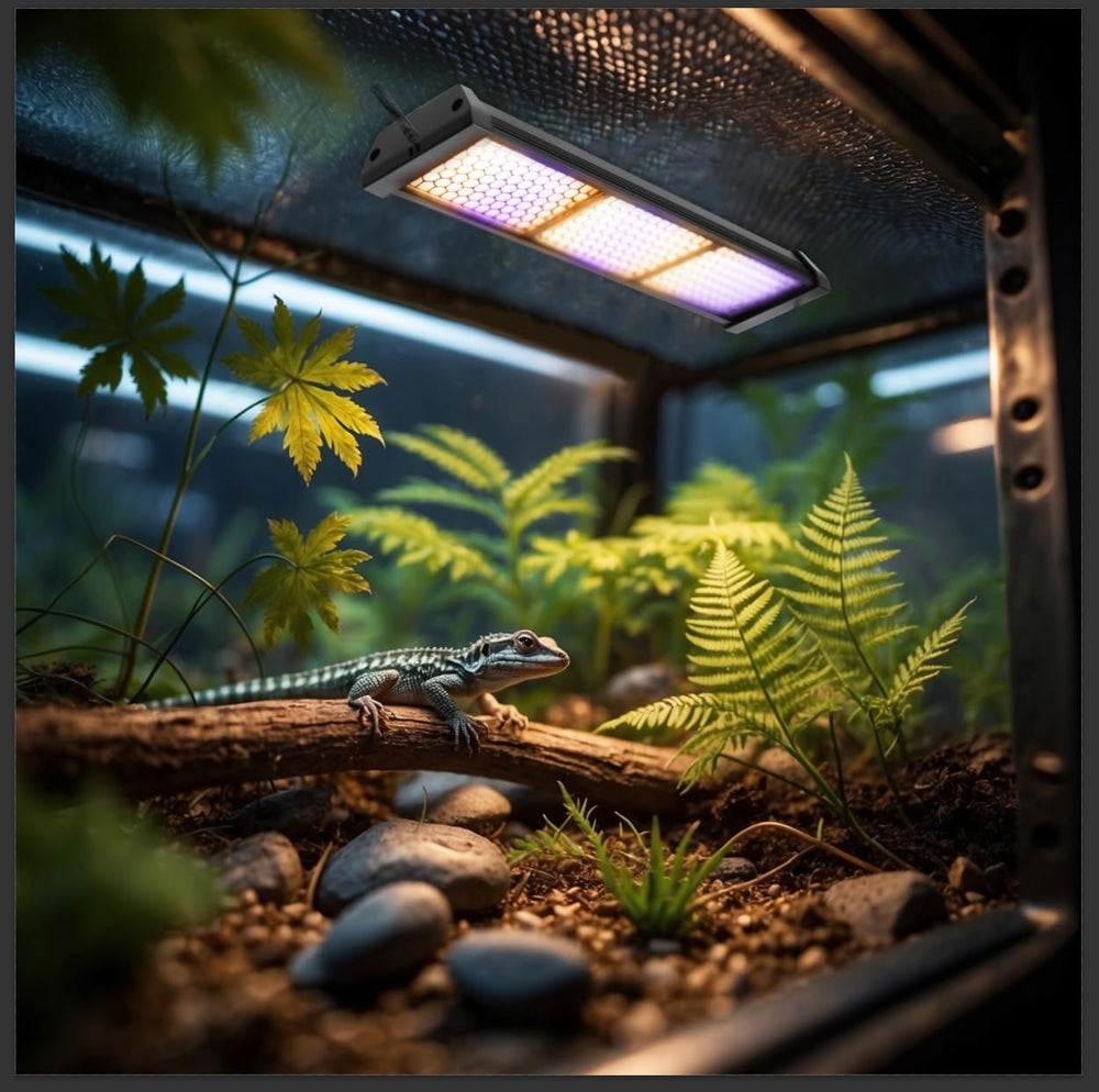 Eckpo Dimmable LED Reptile UVB lamp, compatibility with gecko and chameleon enclosures.