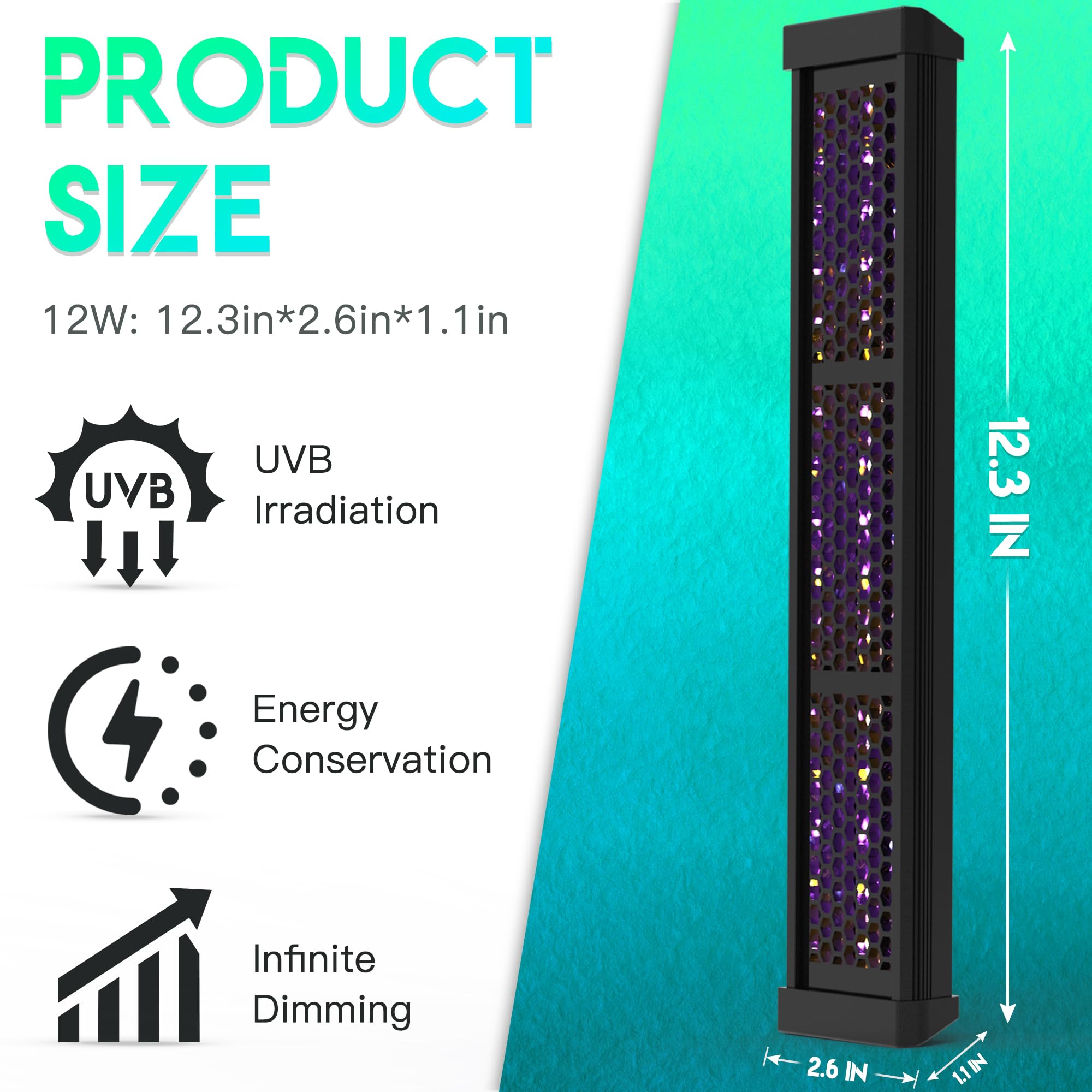 Eckpo Dimmable LED Reptile UVB lamp, UVB spectrum emphasis for vitamin D3 support.