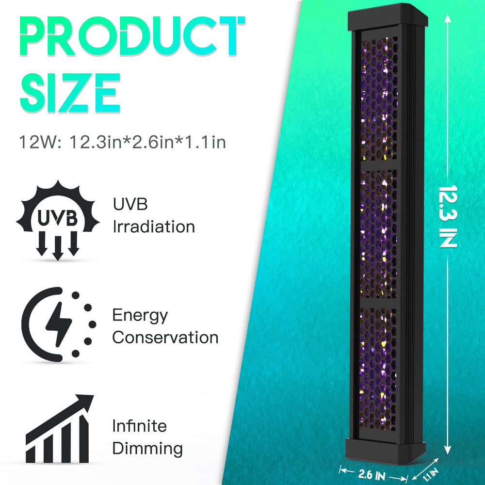 Eckpo Dimmable LED Reptile UVB lamp, UVB spectrum emphasis for vitamin D3 support.