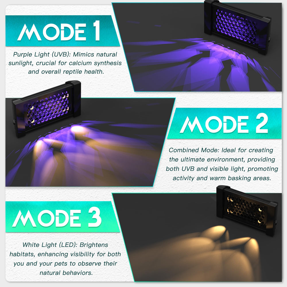 Eckpo Dimmable LED UVB Lamp side-angle showing UVB coverage for terrarium setups