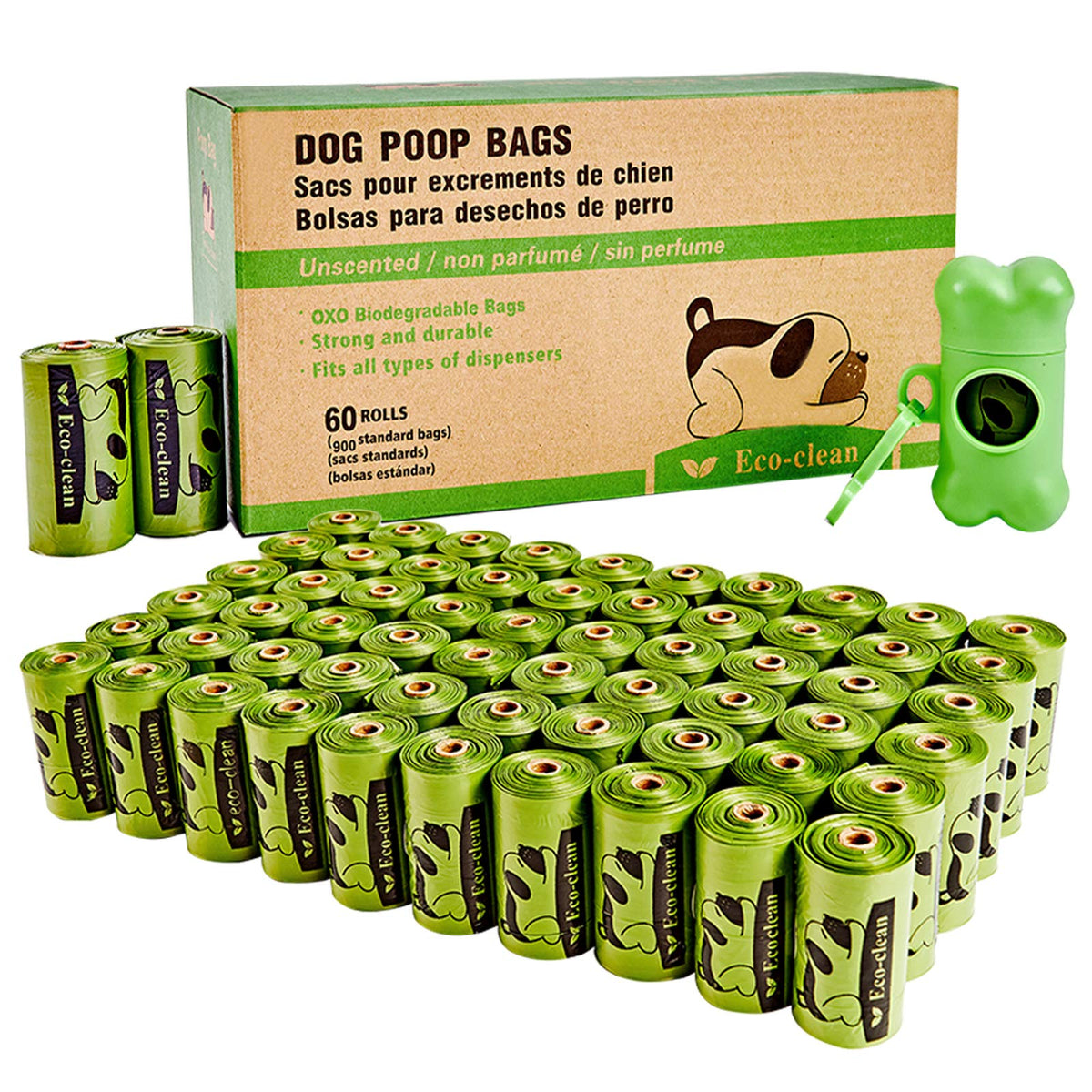 ECO-CLEAN poop bags in dispenser with leash clip for quick dog walks.