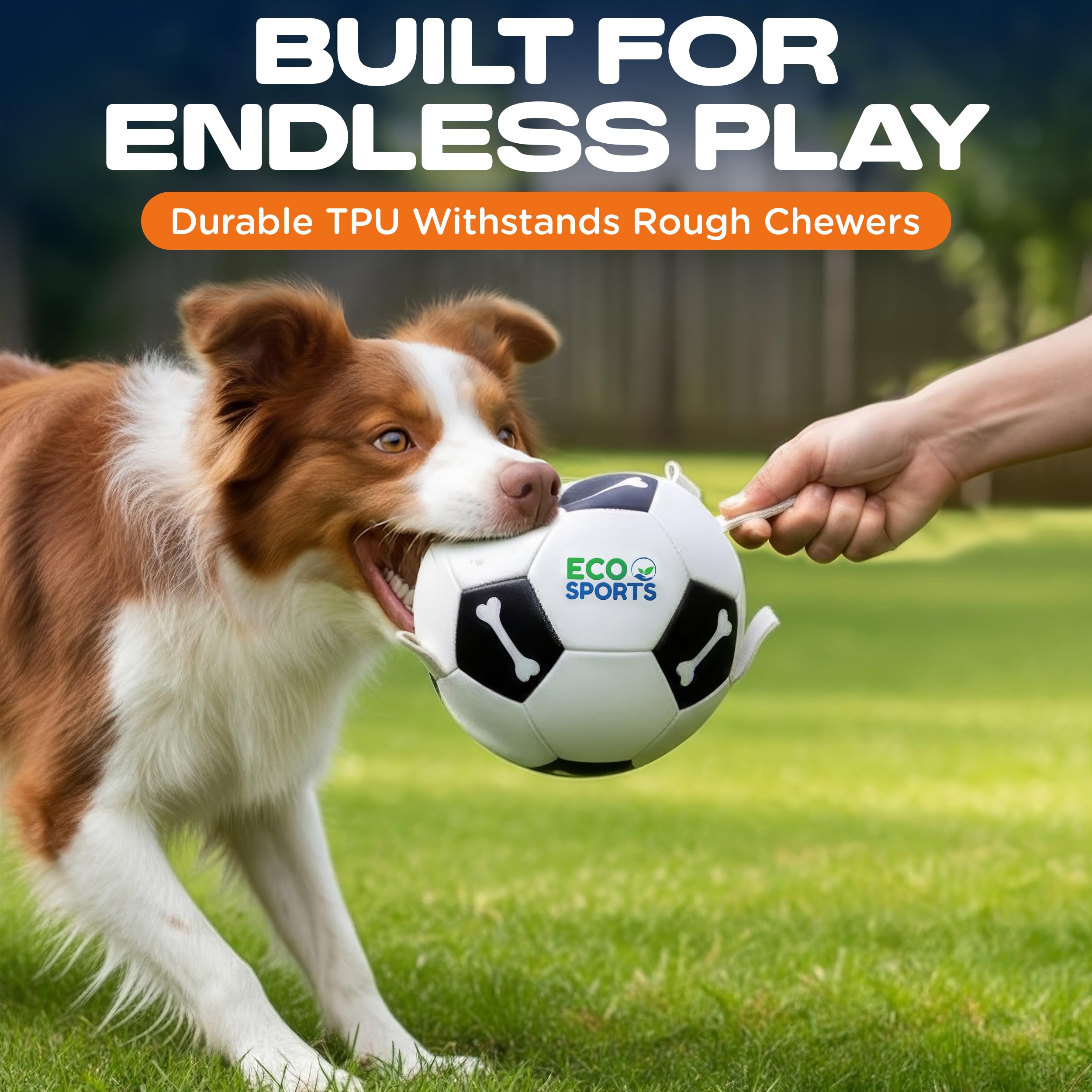 Eco Sports dog ball TPU texture closeup highlights durable surface for tough play.